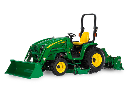 John Deere 3320 Tractor with Loader, Box Blade, Straight Blade, and 5 ft. Brush Hog